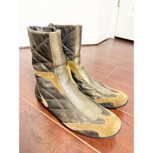 Prada Vintage Brown Quilted Leather Retro Equestrian Sport Ankle Boots Size 9